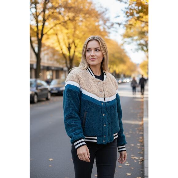 Celebrity Pink Jacket Faux Fur Varsity Bomber Teddy Coat Green Beige Women Sz L - Picture 4 of 16